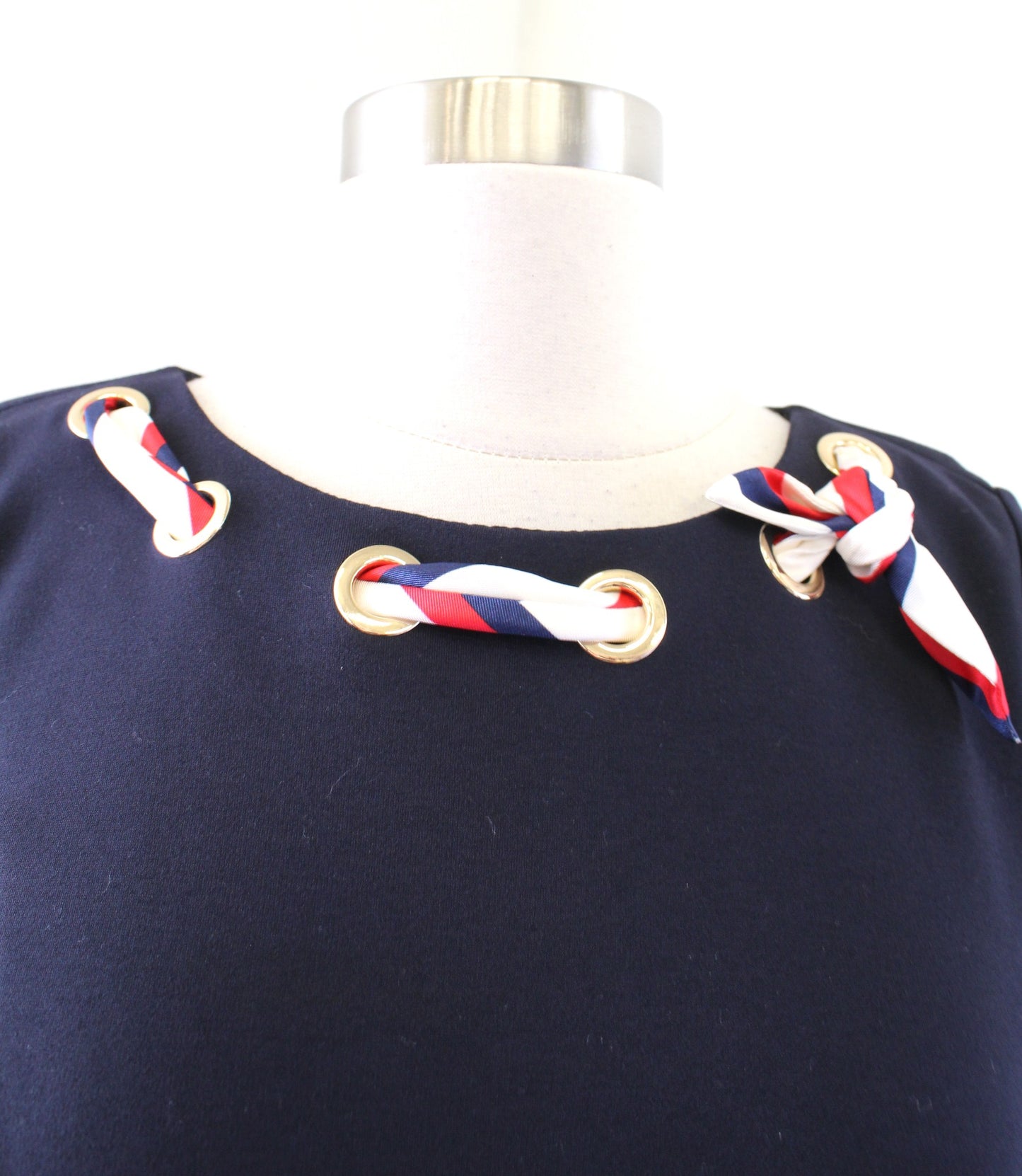 NWT Talbots Navy Blue Ponte Fit and Flare Scarf Neck Trim Dress Size 4P Nautical