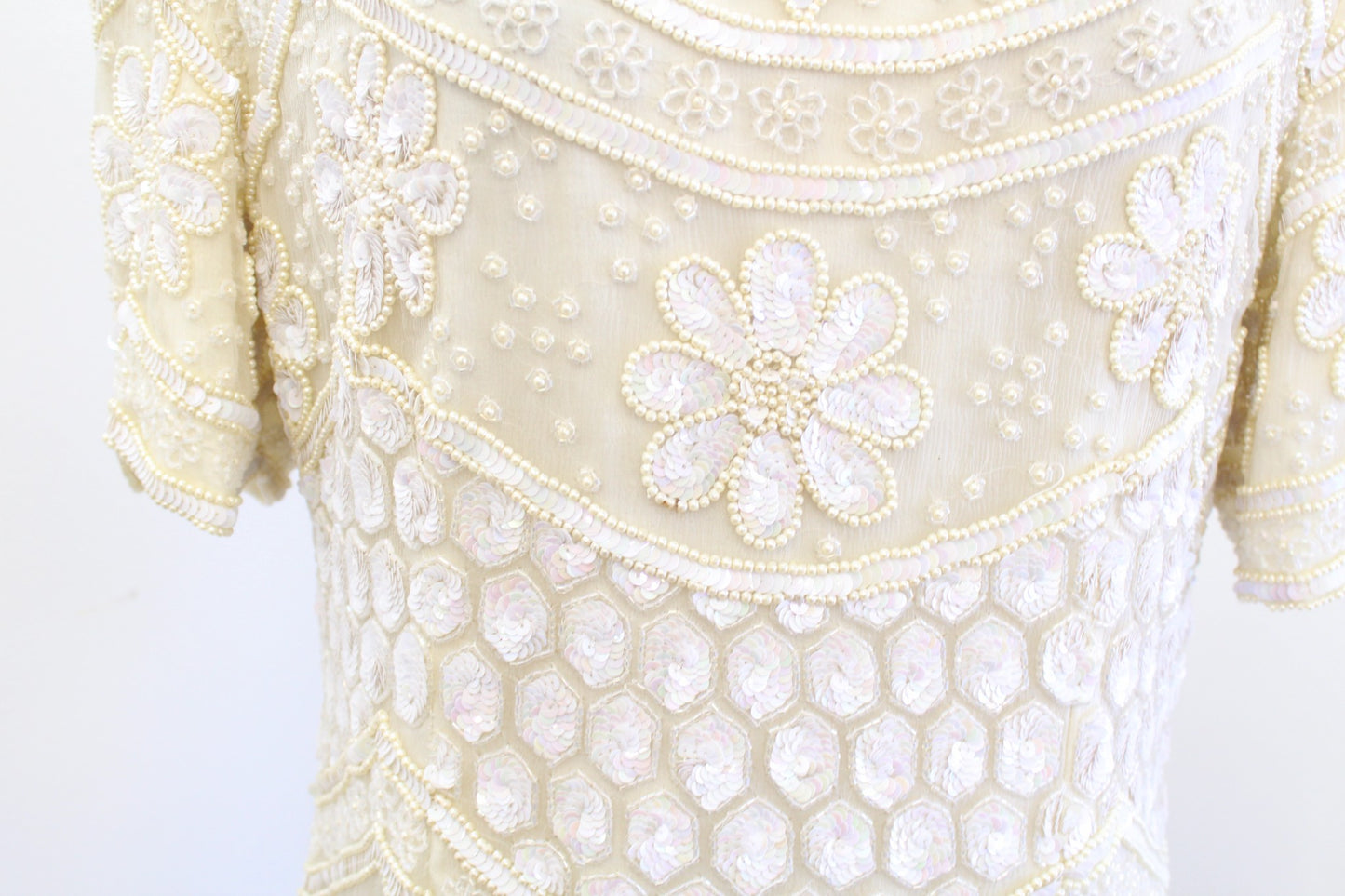 Vtg Cream Beige Pearl Floral Silk Beaded Sequin Evening Party Top Blouse Size L