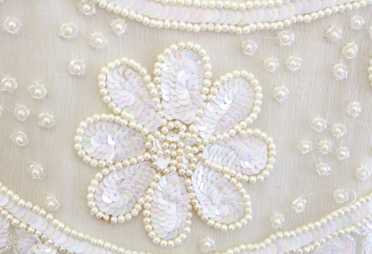 Vtg Cream Beige Pearl Floral Silk Beaded Sequin Evening Party Top Blouse Size L