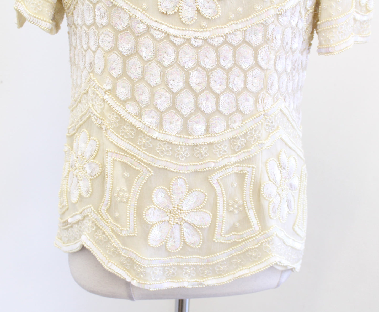 Vtg Cream Beige Pearl Floral Silk Beaded Sequin Evening Party Top Blouse Size L