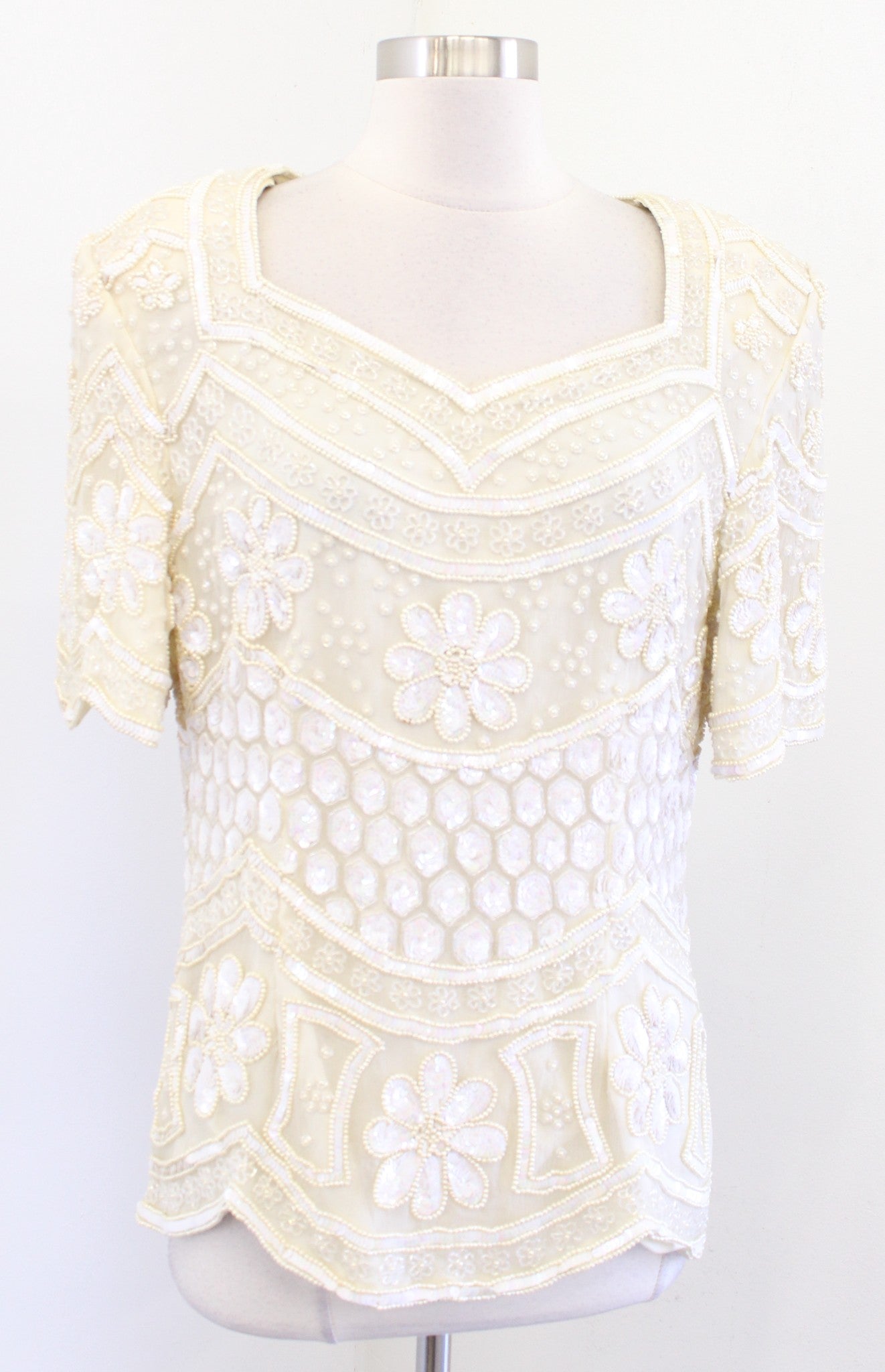 Vtg Cream Beige Pearl Floral Silk Beaded Sequin Evening Party Top Blouse Size L