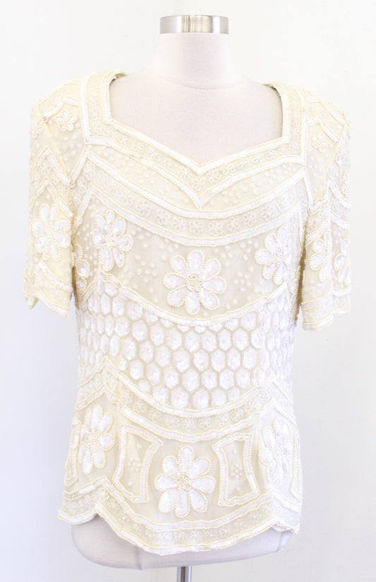 Vtg Cream Beige Pearl Floral Silk Beaded Sequin Evening Party Top Blouse Size L