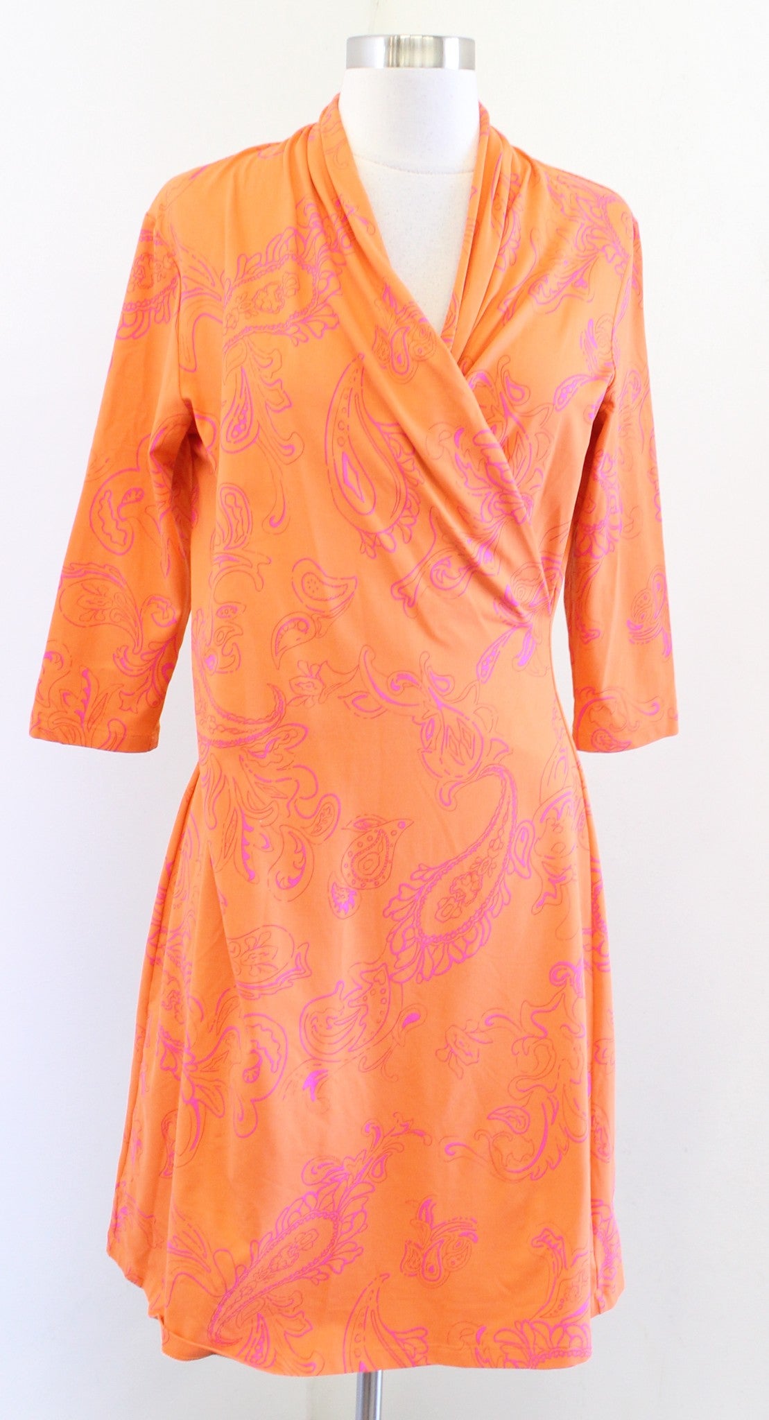 J McLaughlin Orange Pink Paisley Print Panama Wrap Dress Catalina Cloth Size M