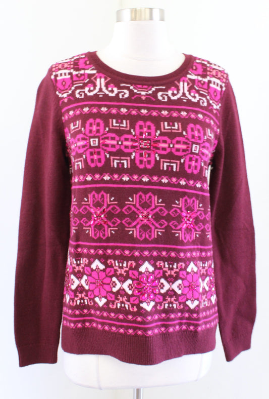 NWT $129 Talbots Maroon Pink Fair Isle Lambswool Beaded Jewel Sweater Size S