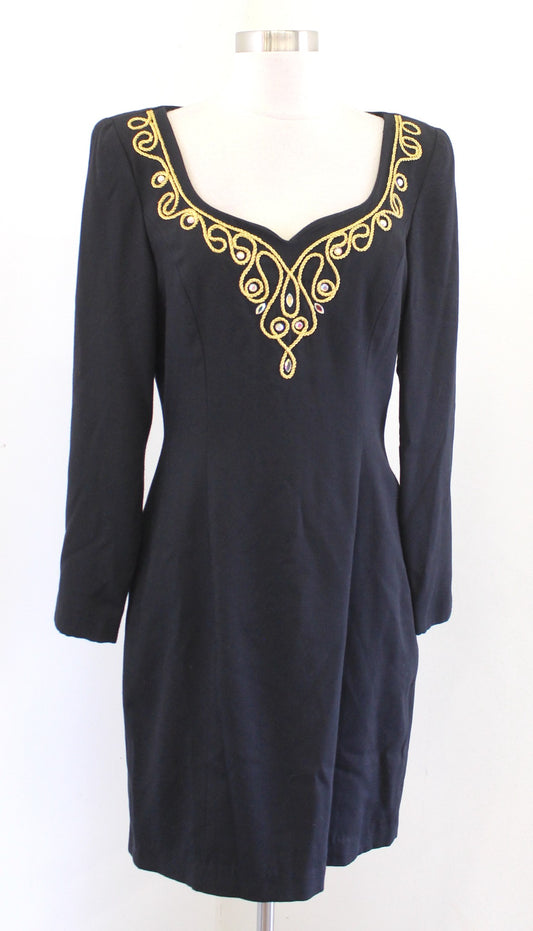 Vtg 90s Black Gold Corded Embroidered Cocktail Party Dress Size 10 Beaded LBD