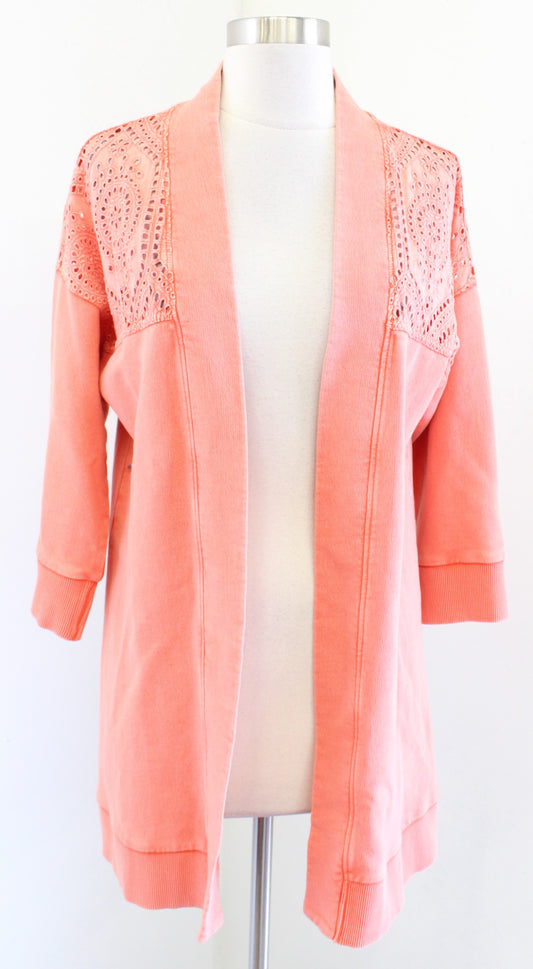 Soft Surroundings Ellie Topper Peach Coral Eyelet Embroidered Cardigan Size XS