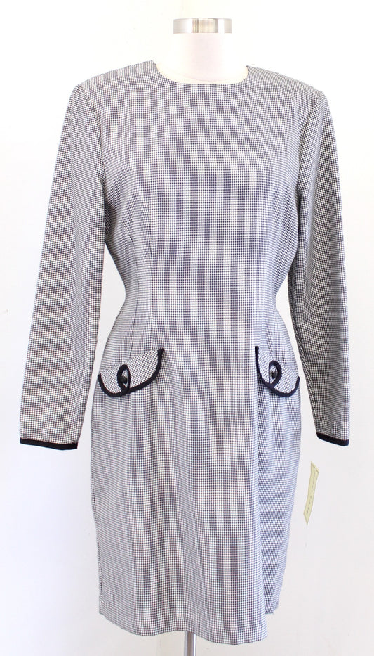 NWT Vtg 90s Black White Houndstooth Print Sheath Dress Size 10 Retro Deadstock