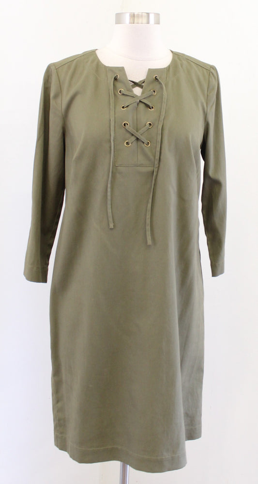 NWT Talbots Olive Green Lace Up Neckline Utility Casual Shift Dress Size 6P