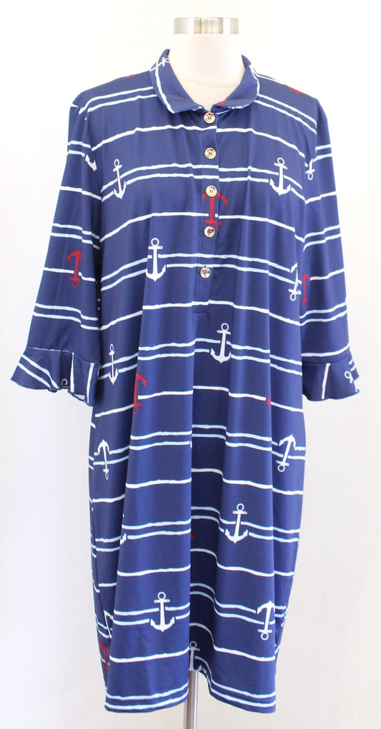 NWT Ana Clare Active Blue Anchor Print Marin Flounce Polo Dress Size XXL SPF50