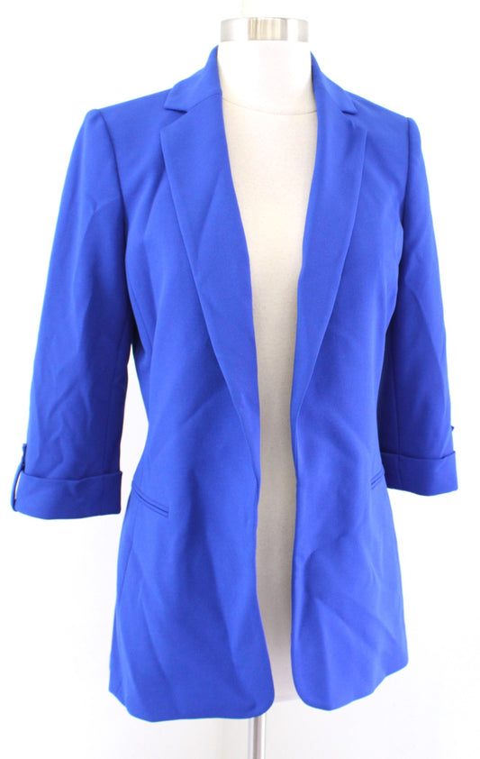 Calvin Klein Solid Blue Roll Tab Cuffed Sleeve Open Front Blazer Jacket Size 2