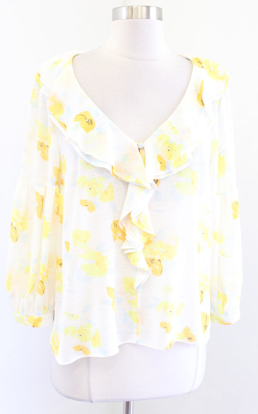 Maeve Anthropologie Daffodil Floral Print Ruffle Top Blouse V Neck Size 6 Yellow