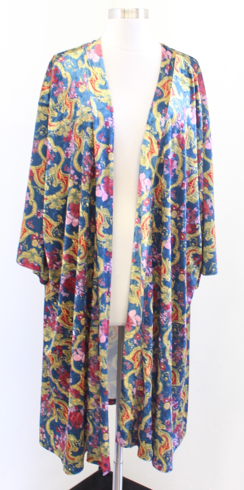 Modcloth Blue Yellow Geometric Print Velvet Open Kimono Style Cardigan 3X / 4X