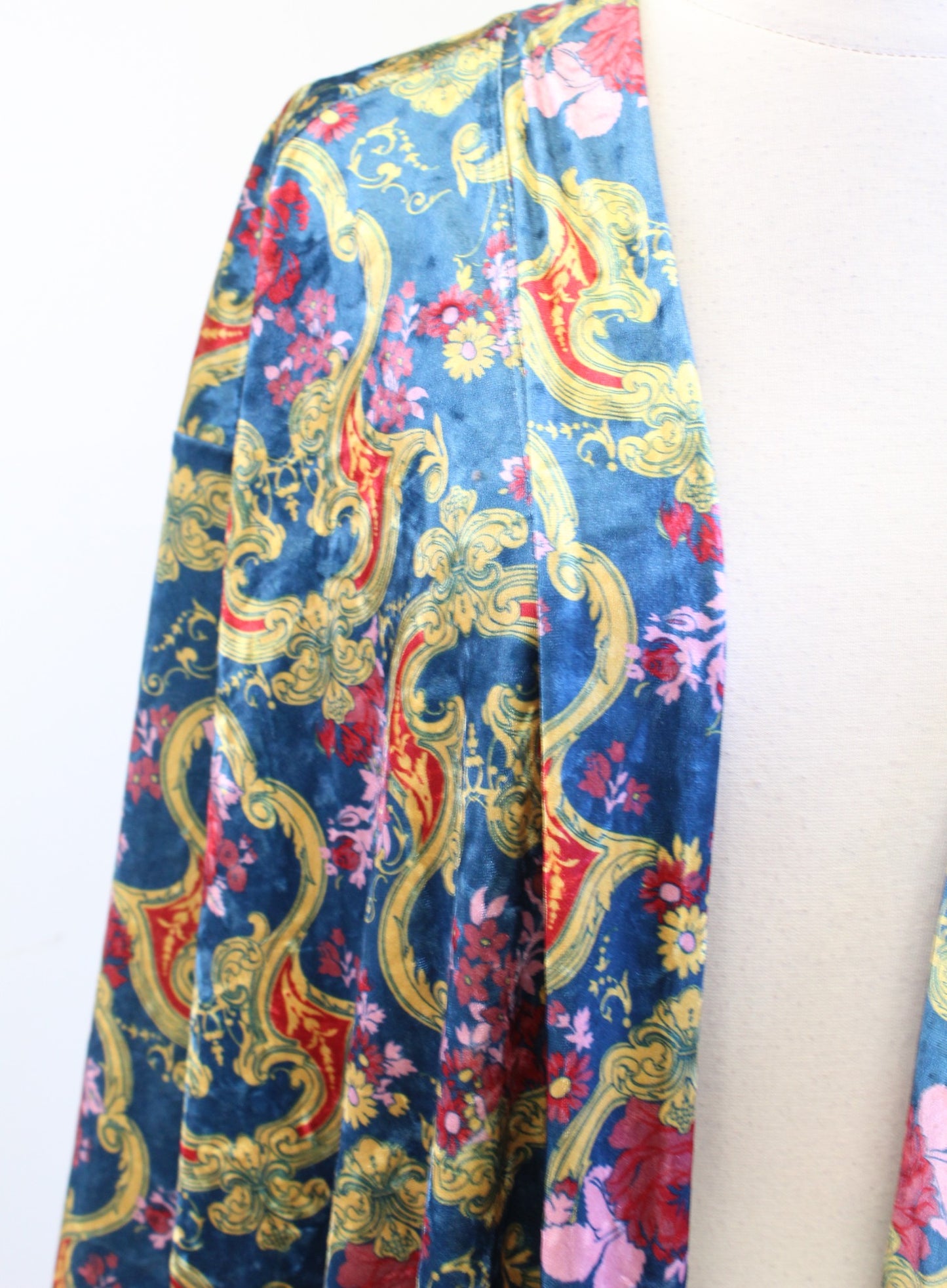 Modcloth Blue Yellow Geometric Print Velvet Open Kimono Style Cardigan 3X / 4X