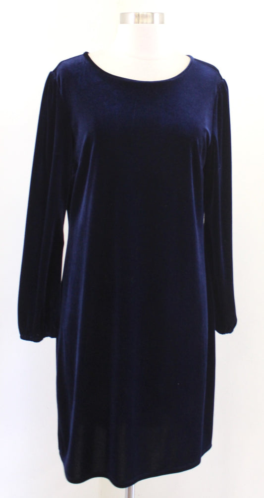 Jude Connally Womens Solid Navy Blue Velvet Shift Dress Size L Long Sleeve