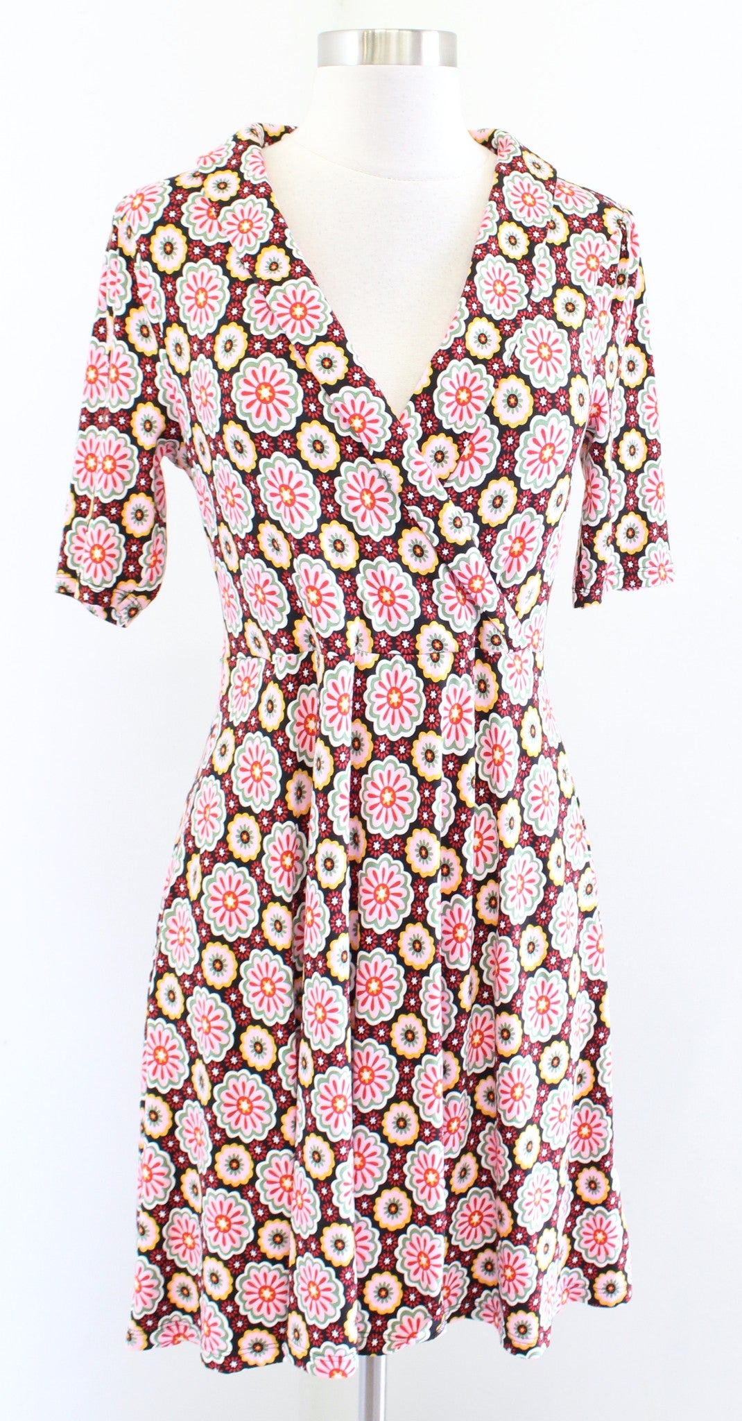 Boden Geometric Floral Print Fixed Wrap Jersey Dress Size US 6P A Line Flared