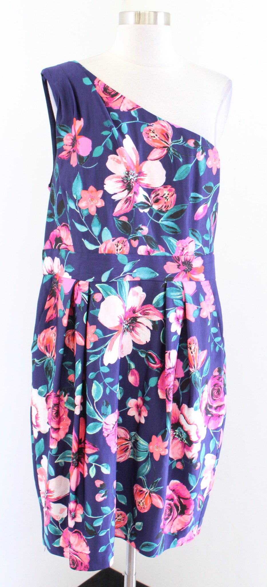 NWT Eliza J Navy Blue Floral One Shoulder Sheath Dress Size 16 Cocktail Party