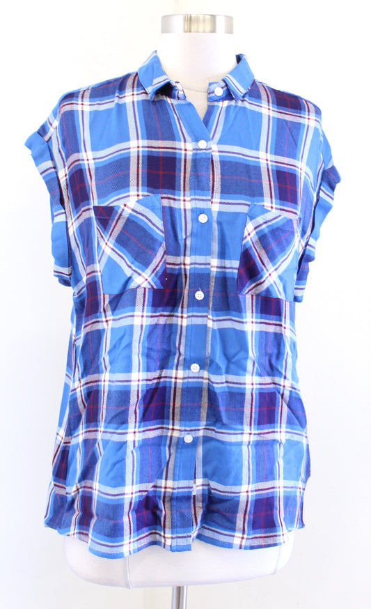 Rails Womens Britt Blue Plaid Short Sleeve Button Front Shirt Blouse Size S