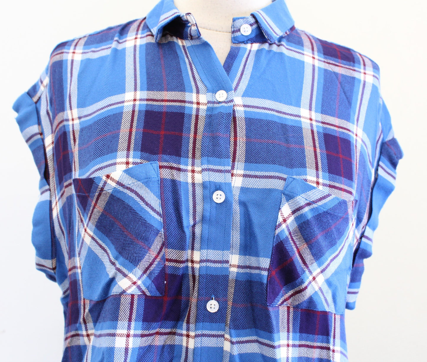 Rails Womens Britt Blue Plaid Short Sleeve Button Front Shirt Blouse Size S