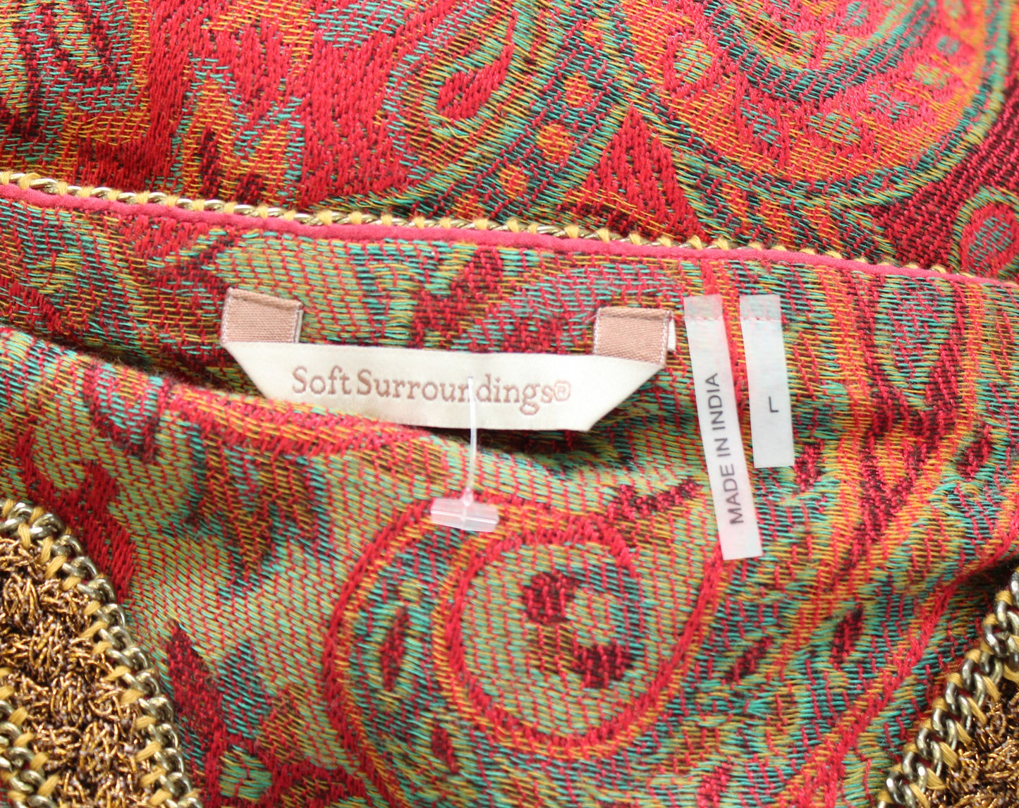 Soft Surroundings Red Paisley Print Tapestry Tunic L Wool Blouse Top Chain Trim