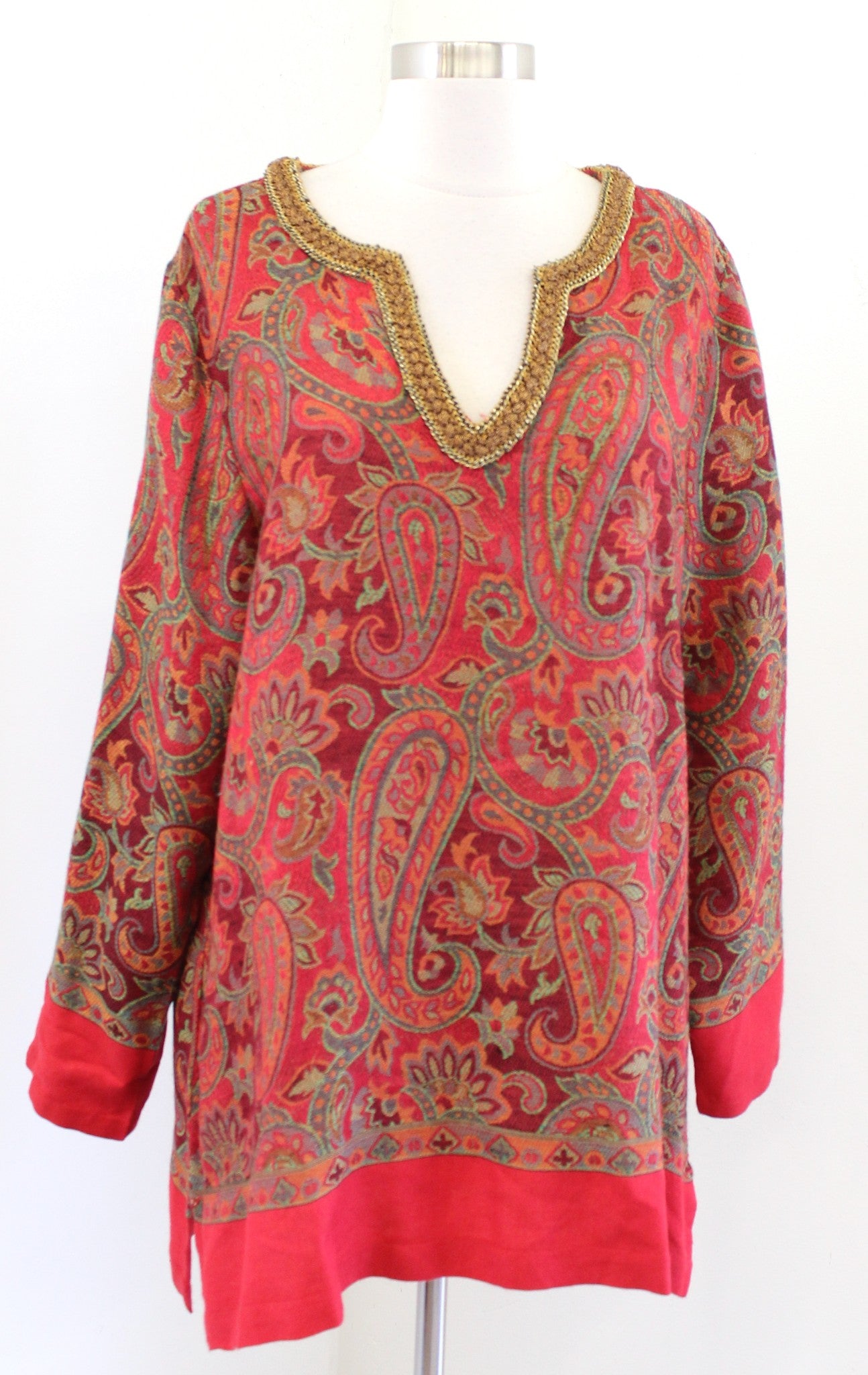 Soft Surroundings Red Paisley Print Tapestry Tunic L Wool Blouse Top Chain Trim
