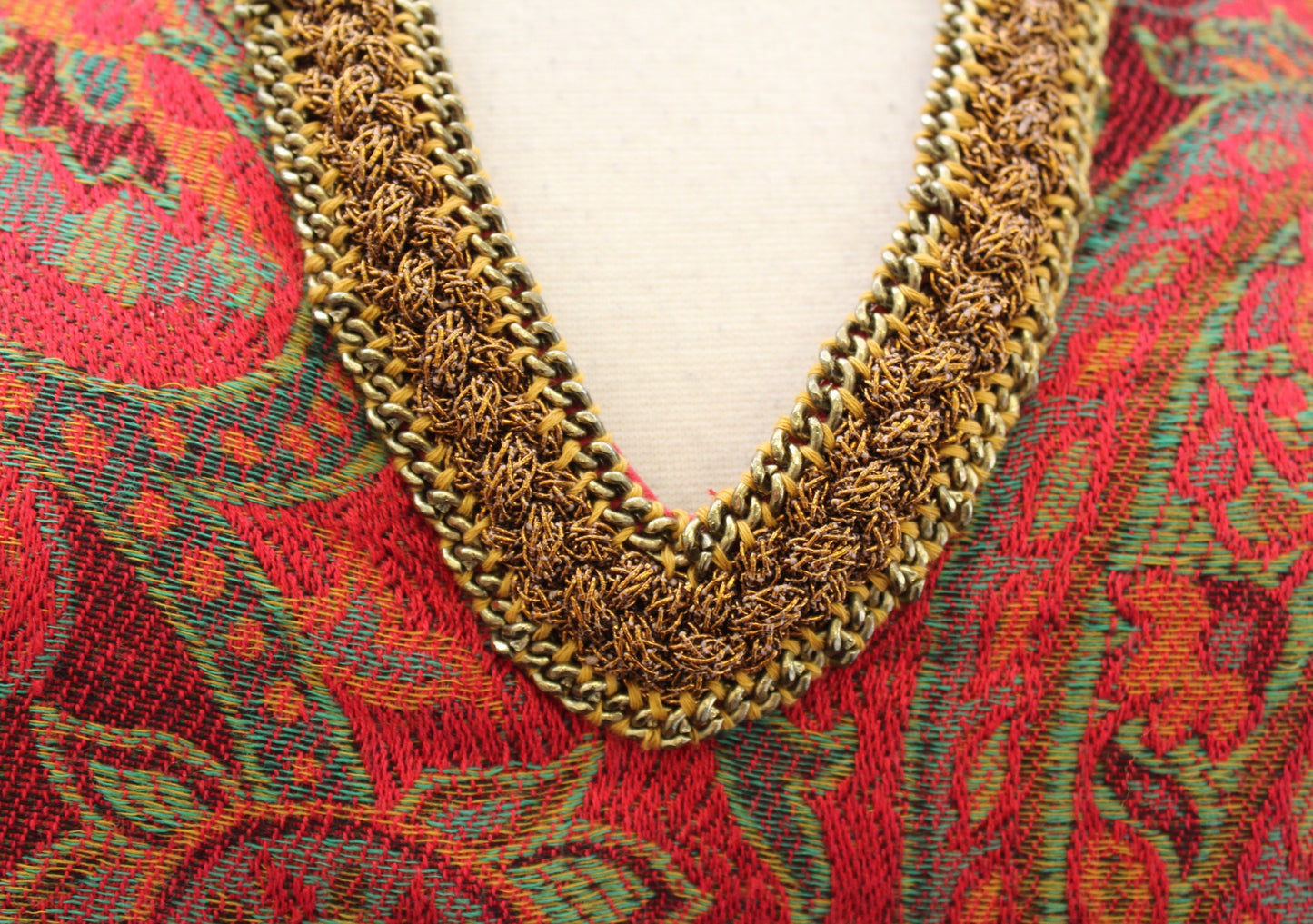 Soft Surroundings Red Paisley Print Tapestry Tunic L Wool Blouse Top Chain Trim