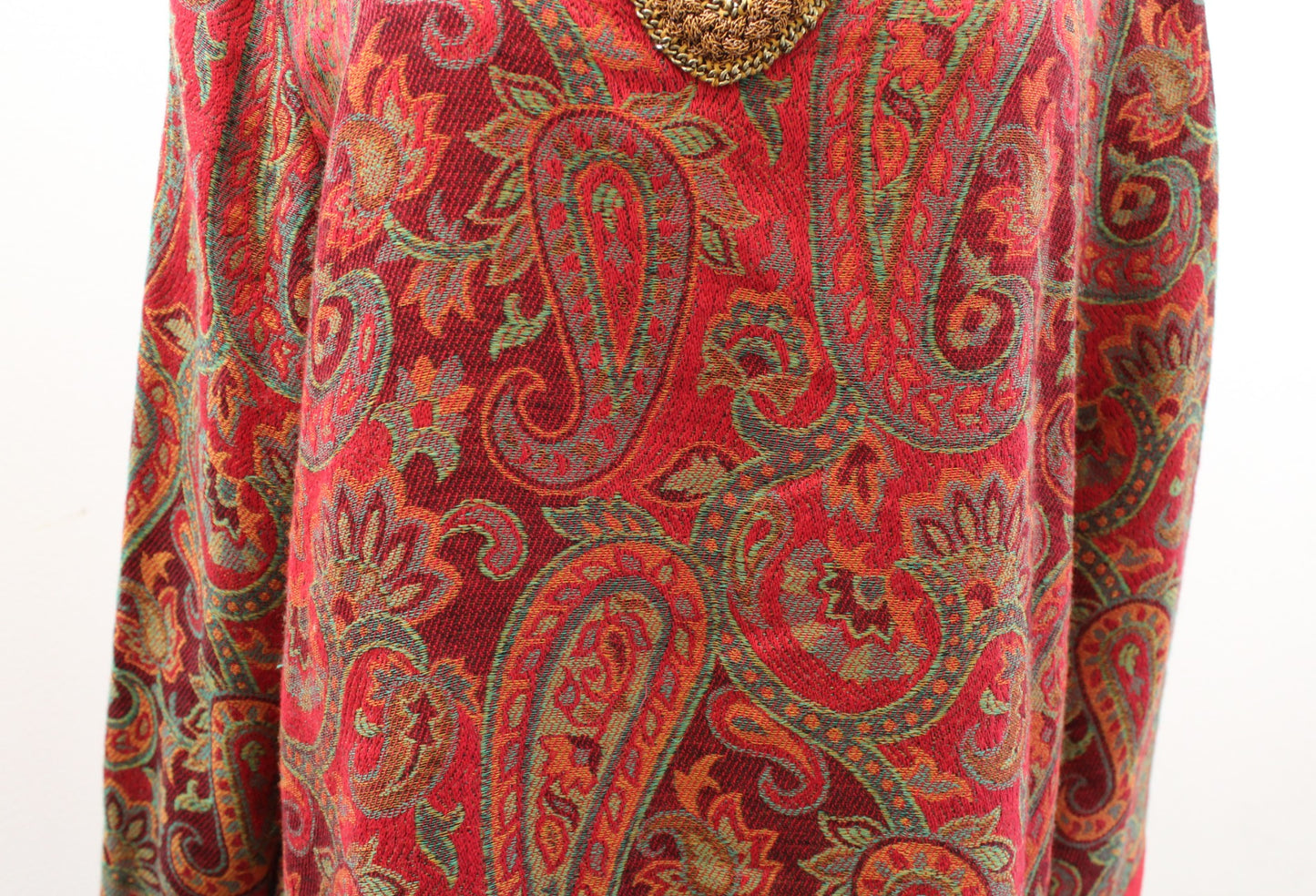 Soft Surroundings Red Paisley Print Tapestry Tunic L Wool Blouse Top Chain Trim