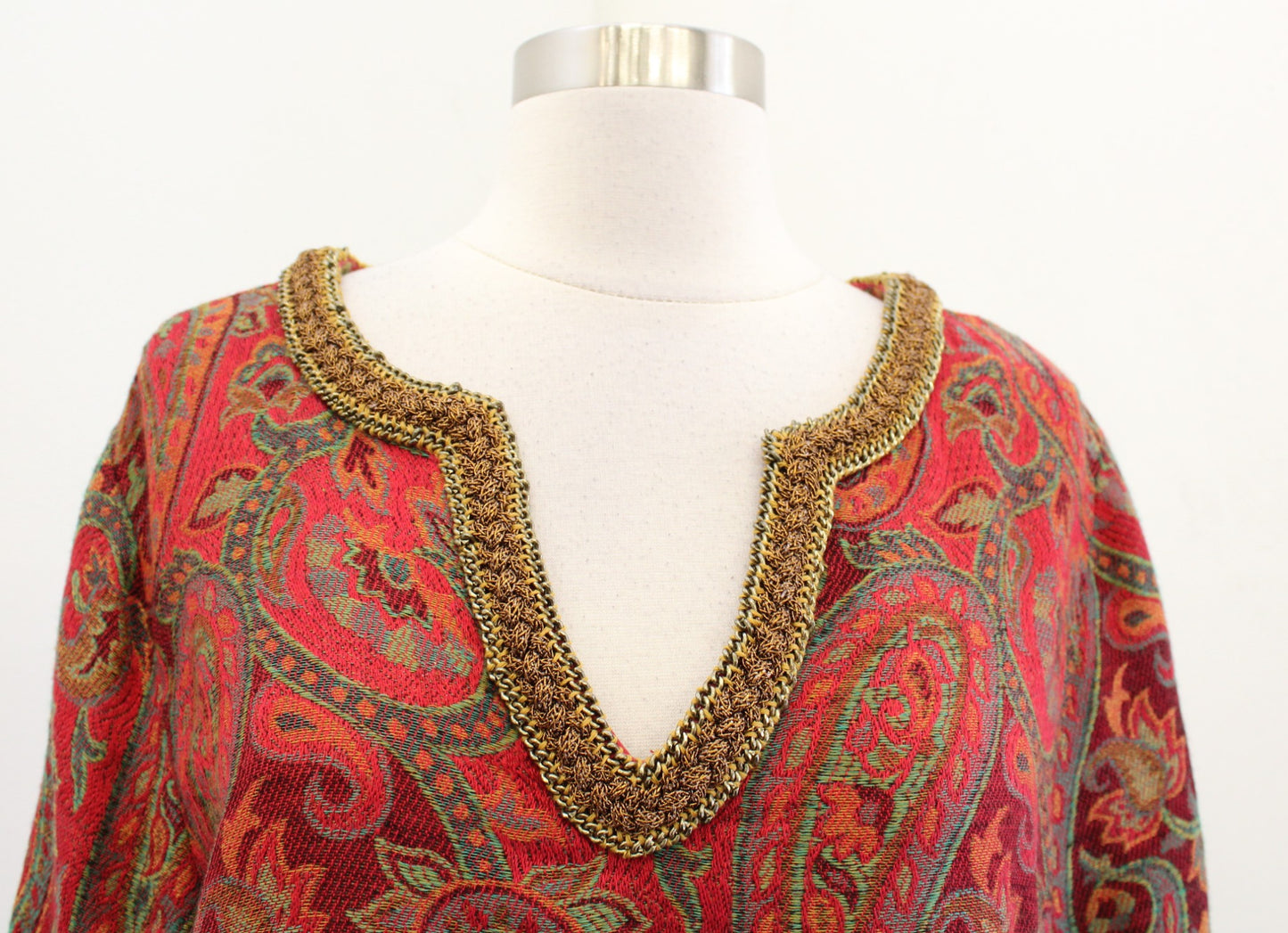 Soft Surroundings Red Paisley Print Tapestry Tunic L Wool Blouse Top Chain Trim