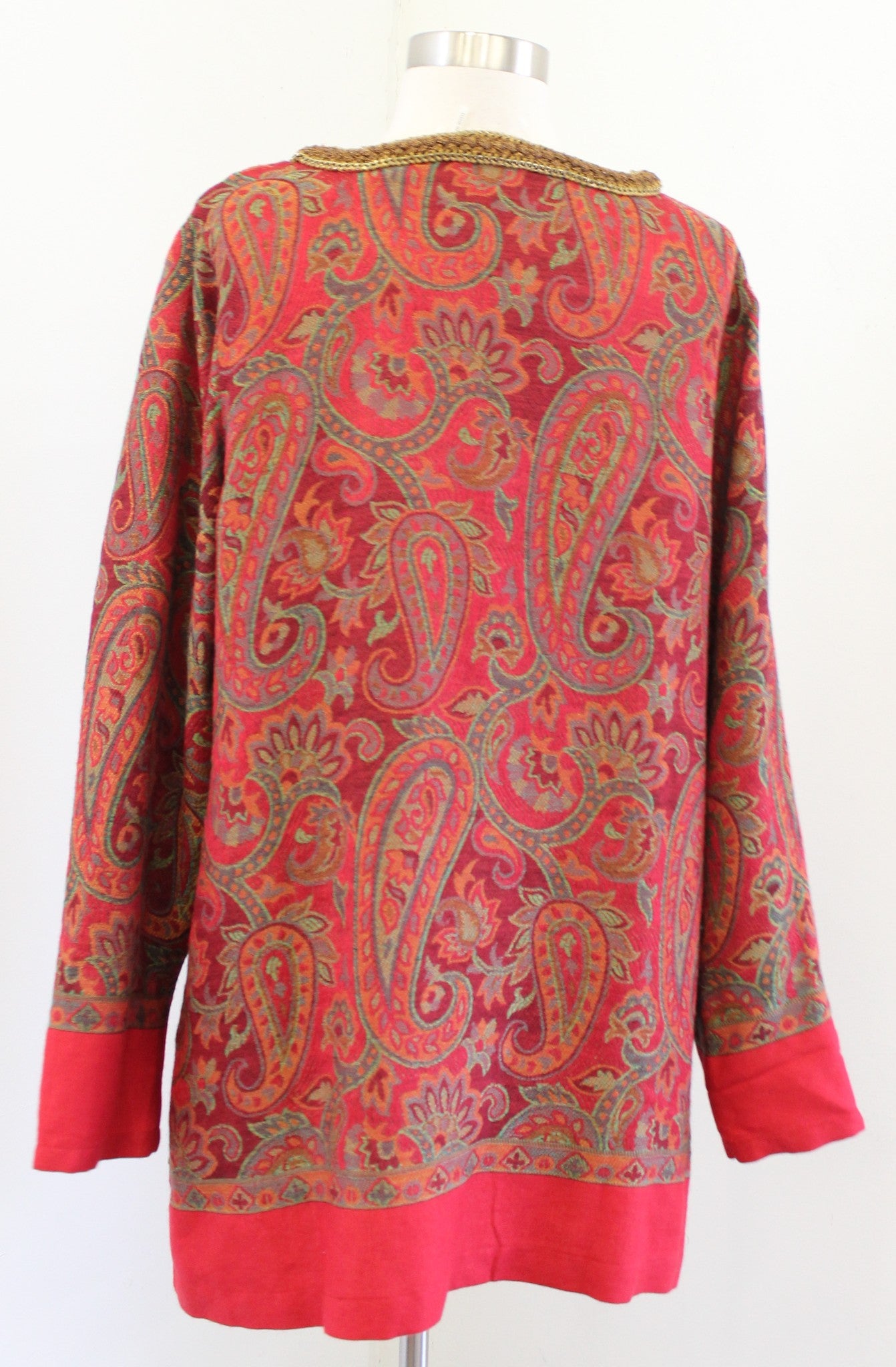 Soft Surroundings Red Paisley Print Tapestry Tunic L Wool Blouse Top Chain Trim