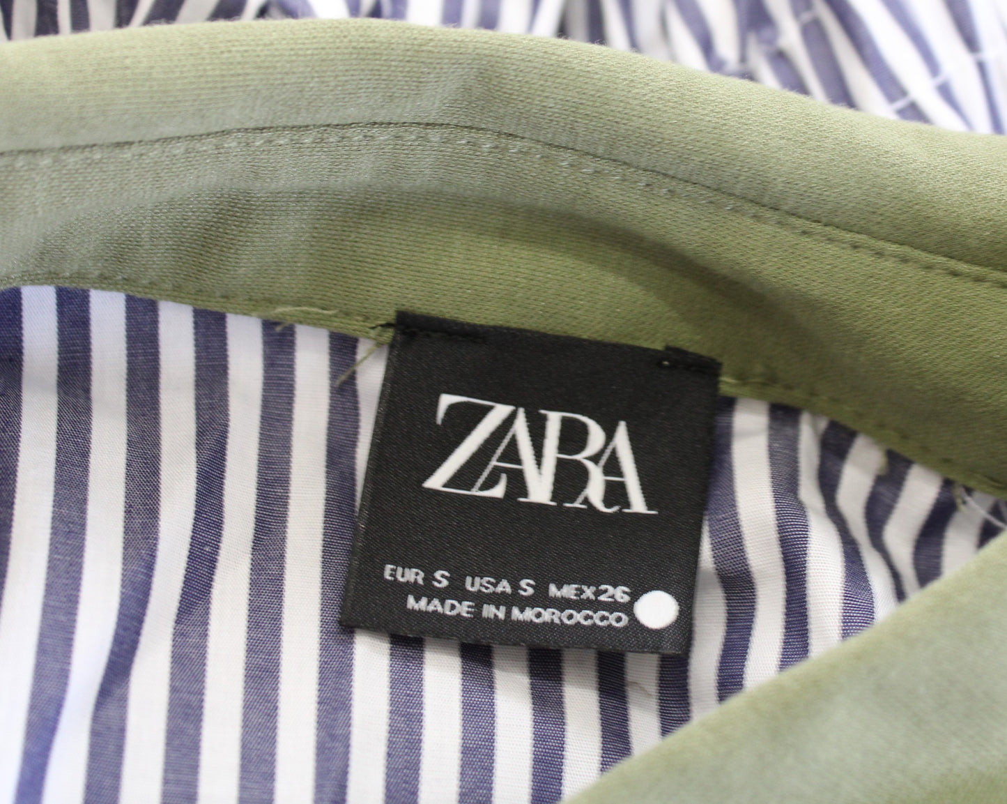 ZARA Blue Green Striped Retro Smocked Cinched Waist Button Down Shirt Blouse S Long Sleeve