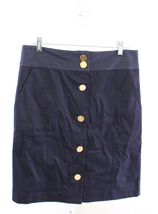 Tory Burch Womens Solid Navy Blue Gold Logo Button Front Pencil Skirt Size 8