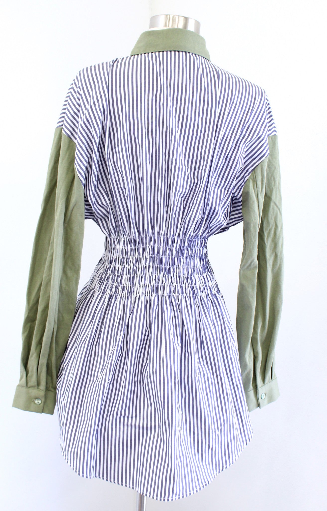 ZARA Blue Green Striped Retro Smocked Cinched Waist Button Down Shirt Blouse S Long Sleeve