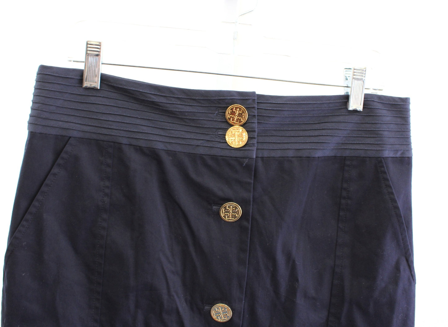 Tory Burch Womens Solid Navy Blue Gold Logo Button Front Pencil Skirt Size 8