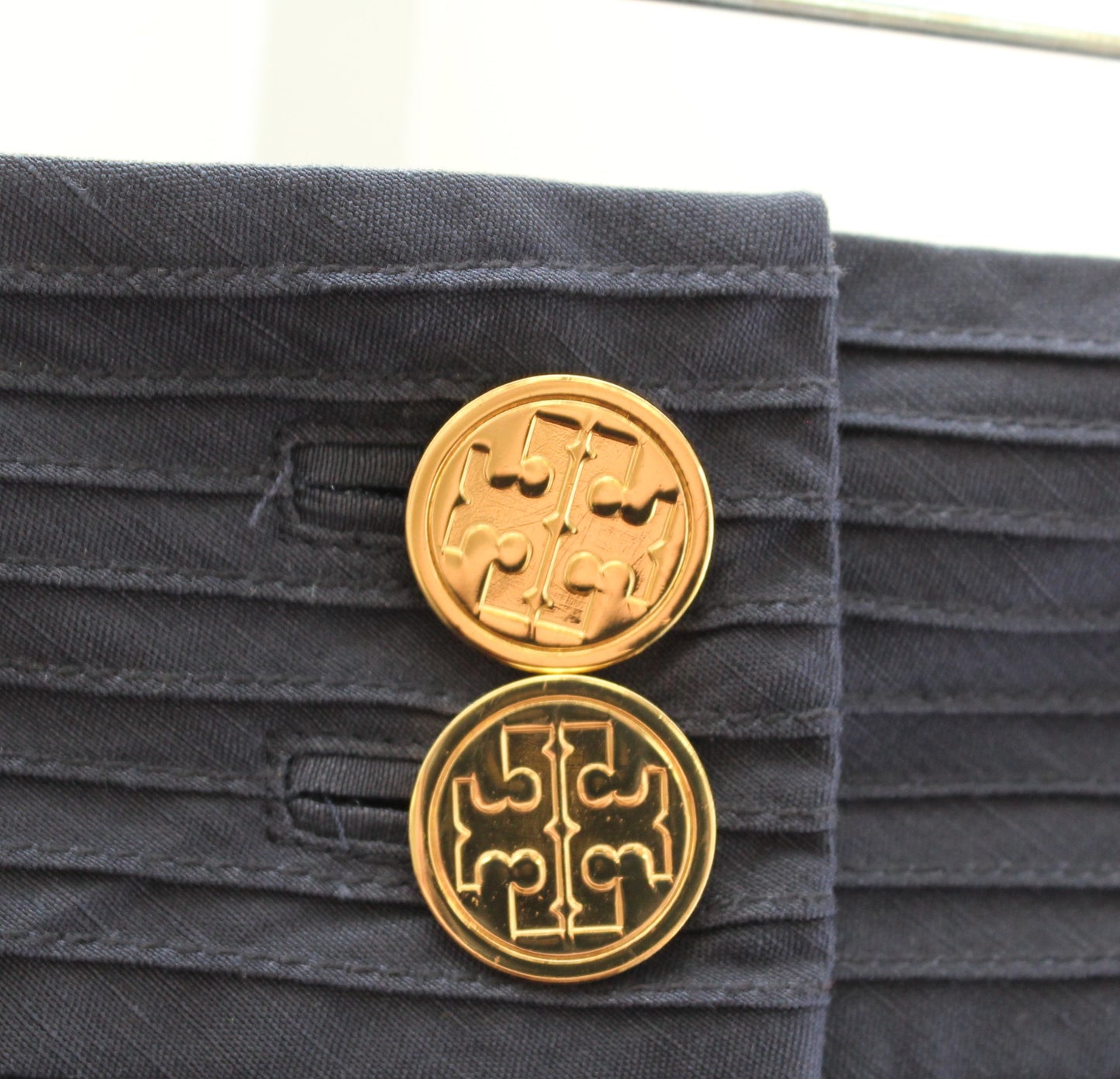 Tory Burch Womens Solid Navy Blue Gold Logo Button Front Pencil Skirt Size 8