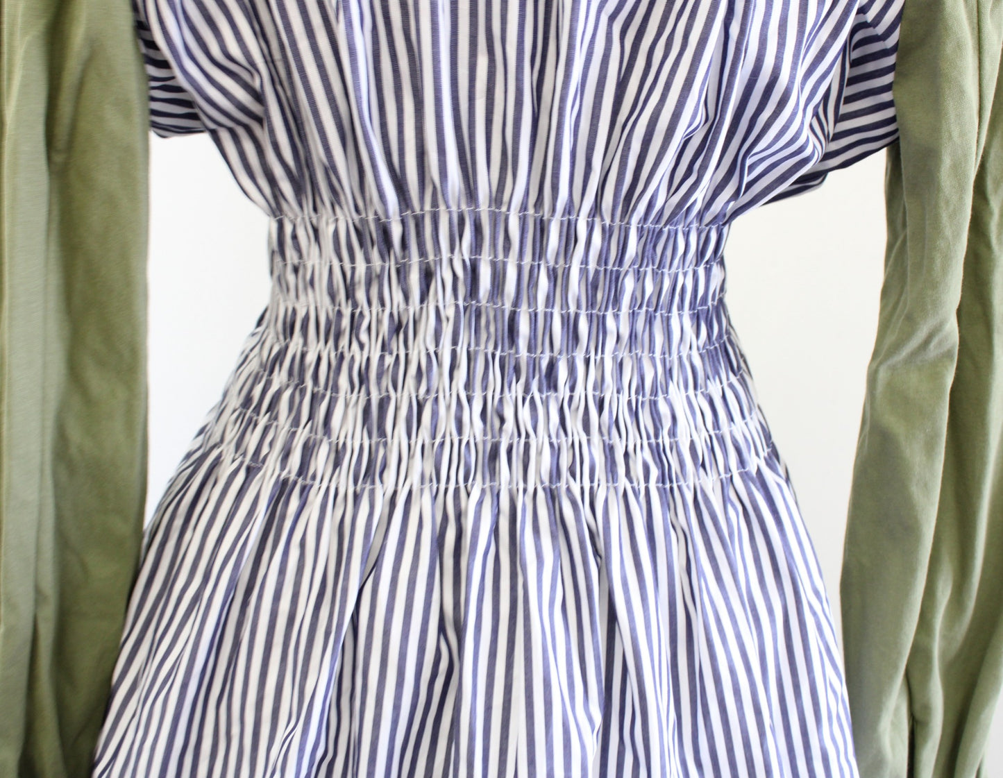 ZARA Blue Green Striped Retro Smocked Cinched Waist Button Down Shirt Blouse S Long Sleeve