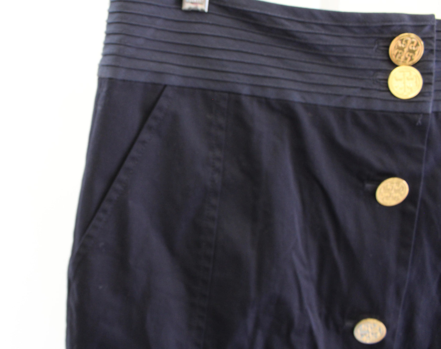 Tory Burch Womens Solid Navy Blue Gold Logo Button Front Pencil Skirt Size 8