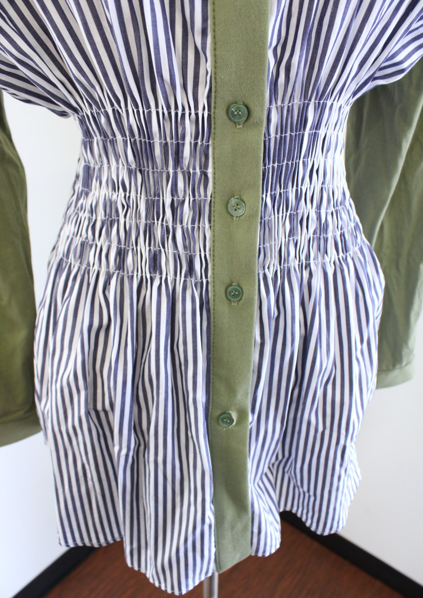 ZARA Blue Green Striped Retro Smocked Cinched Waist Button Down Shirt Blouse S Long Sleeve