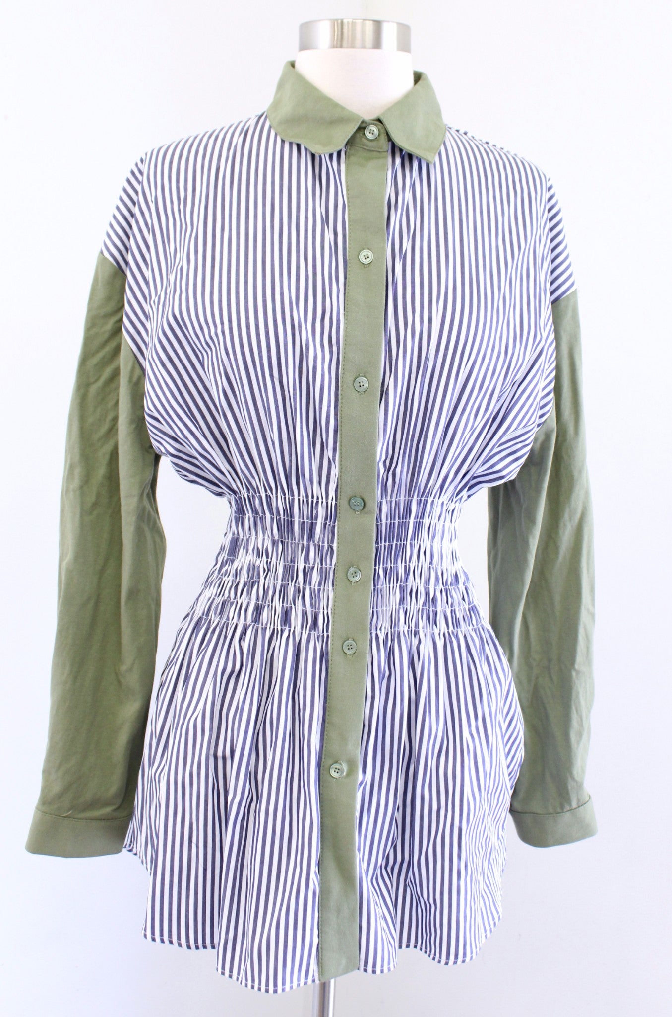 ZARA Blue Green Striped Retro Smocked Cinched Waist Button Down Shirt Blouse S Long Sleeve