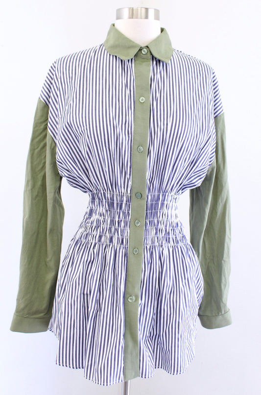ZARA Blue Green Striped Retro Smocked Cinched Waist Button Down Shirt Blouse S Long Sleeve