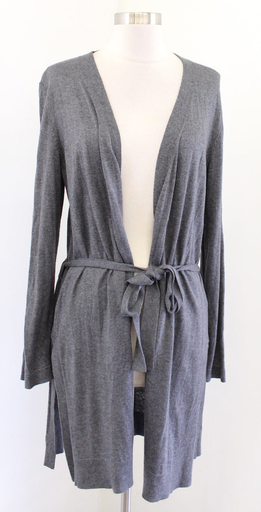 Eileen Fisher Charcoal Gray Tie Waist Belted Cardigan Sweater Size S Tencel Silk