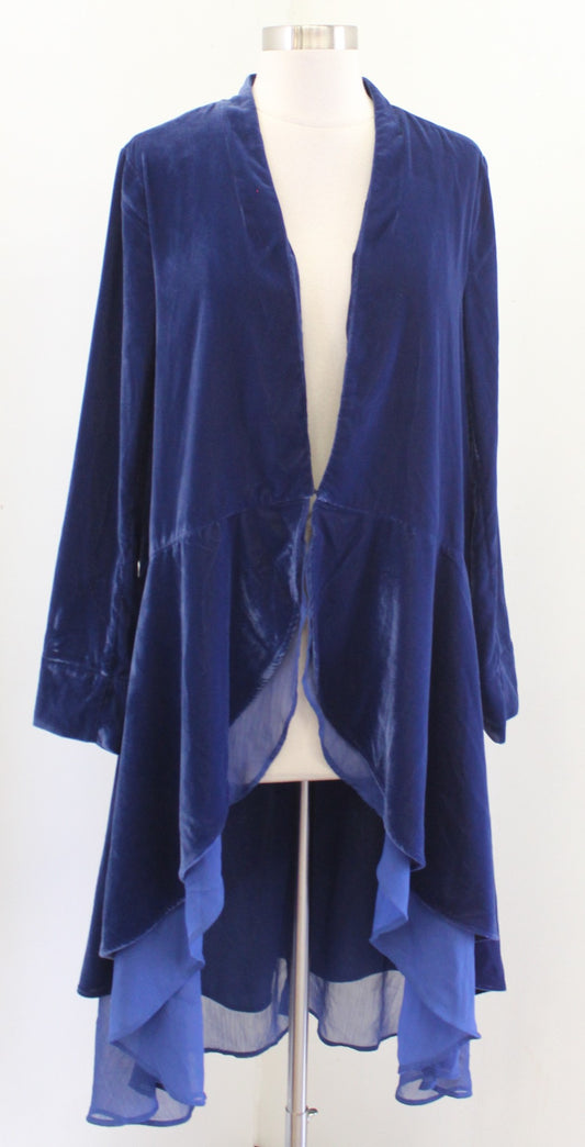 Soft Surroundings Blue Velvet Ruffle Hi Lo Duster Jacket Topper Size S Cardigan