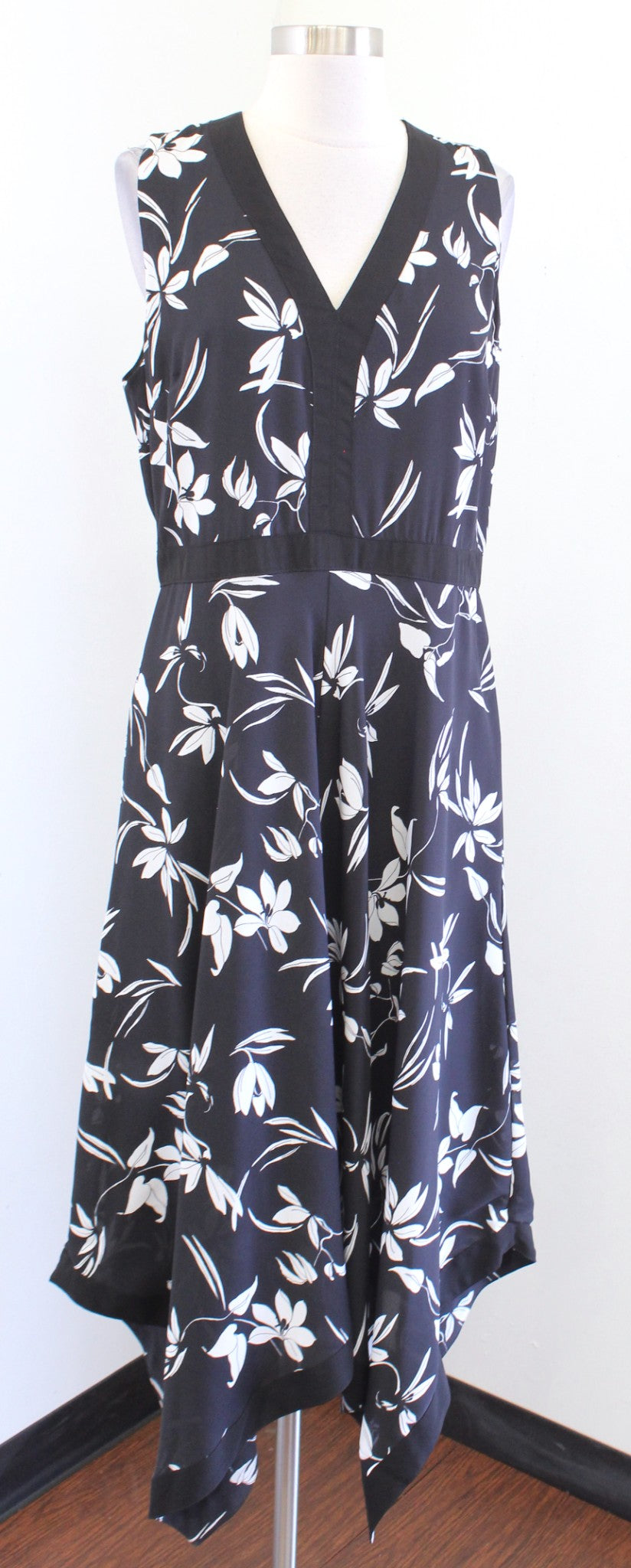 Banana Republic Black White Floral Asymmetrical Handkerchief Hem Midi Dress 12