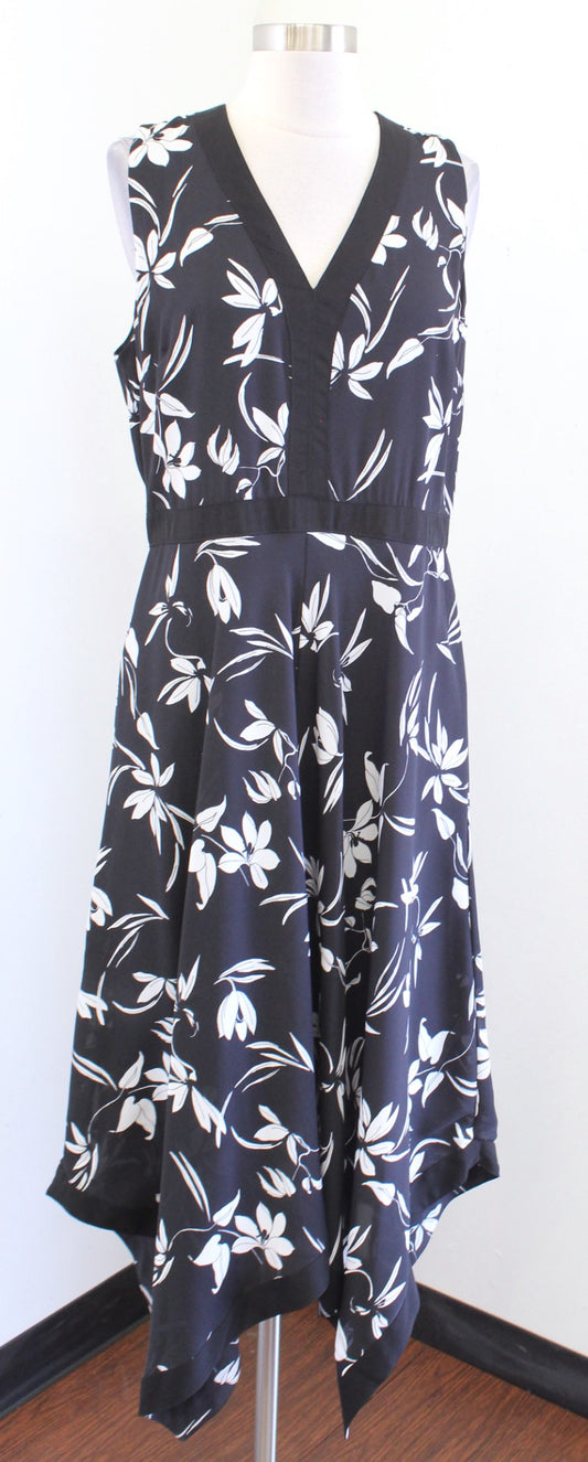 Banana Republic Black White Floral Asymmetrical Handkerchief Hem Midi Dress 12
