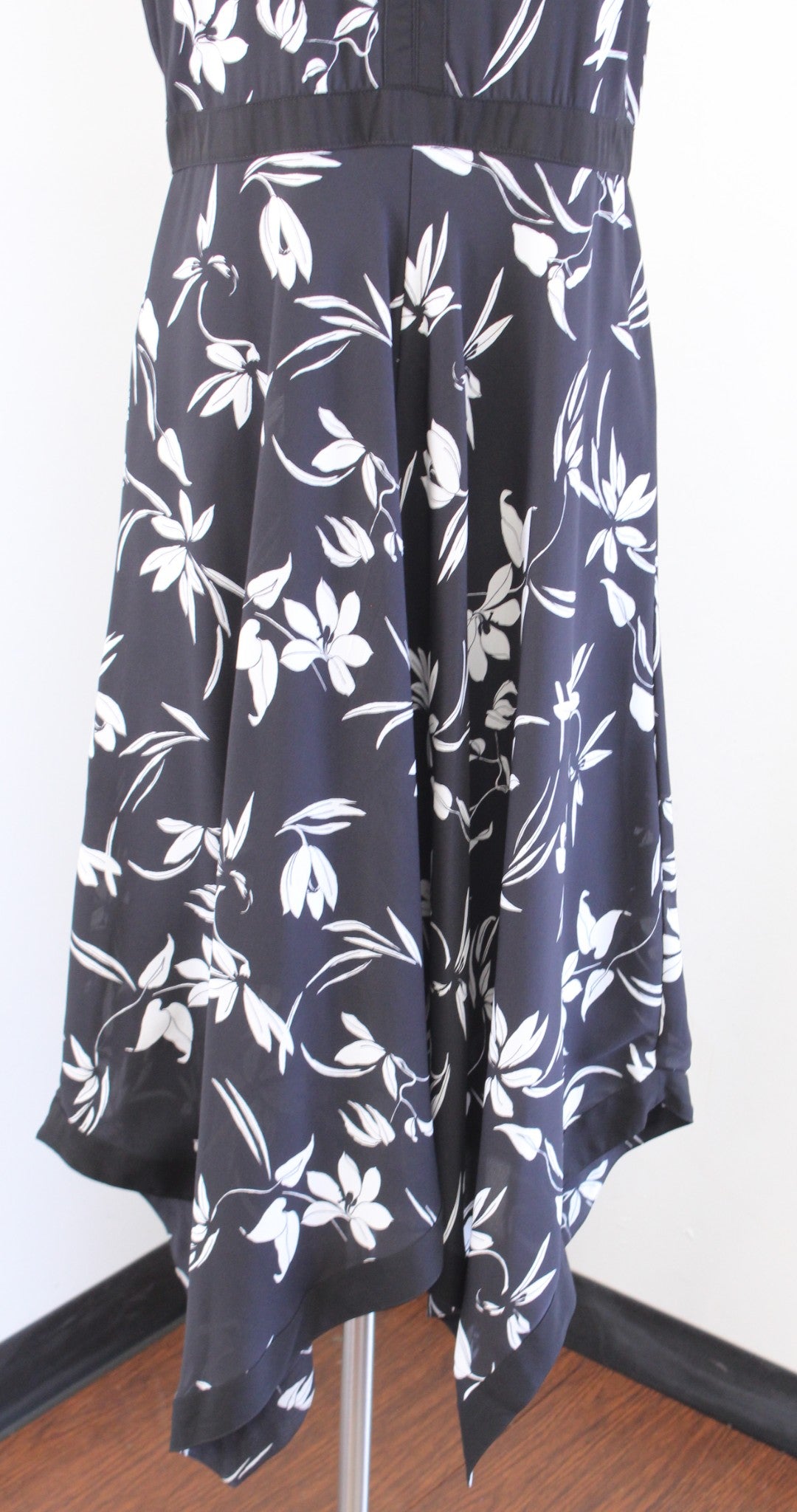Banana Republic Black White Floral Asymmetrical Handkerchief Hem Midi Dress 12