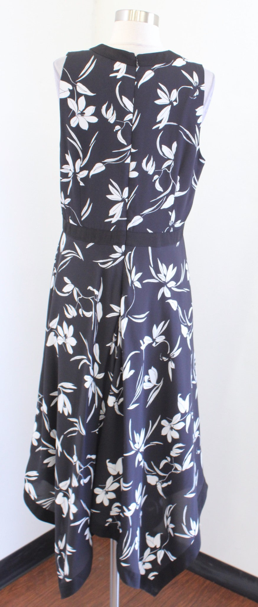 Banana Republic Black White Floral Asymmetrical Handkerchief Hem Midi Dress 12