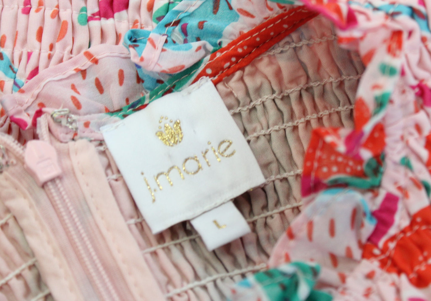J Marie Pink Confetti Floral Smocked A Line Tiered Dress Size L Ruffle Fit Flare