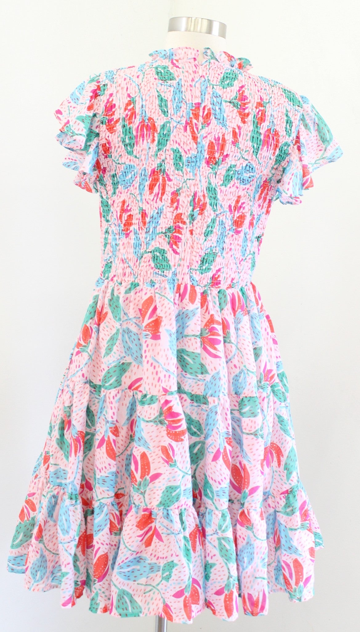 J Marie Pink Confetti Floral Smocked A Line Tiered Dress Size L Ruffle Fit Flare