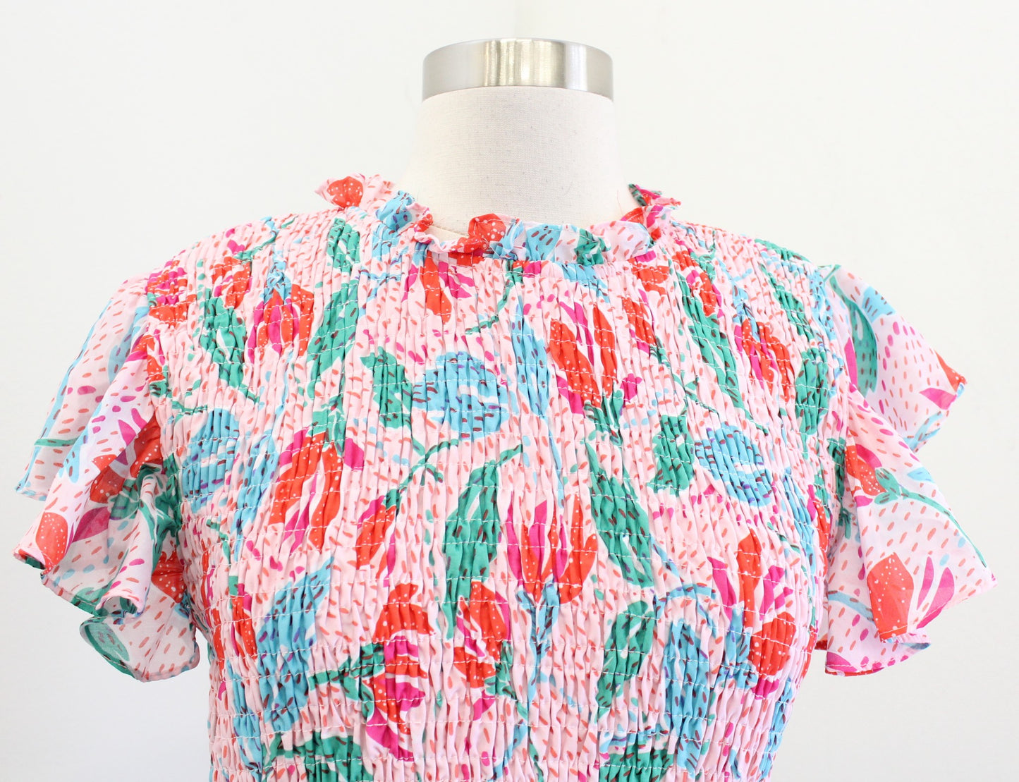 J Marie Pink Confetti Floral Smocked A Line Tiered Dress Size L Ruffle Fit Flare