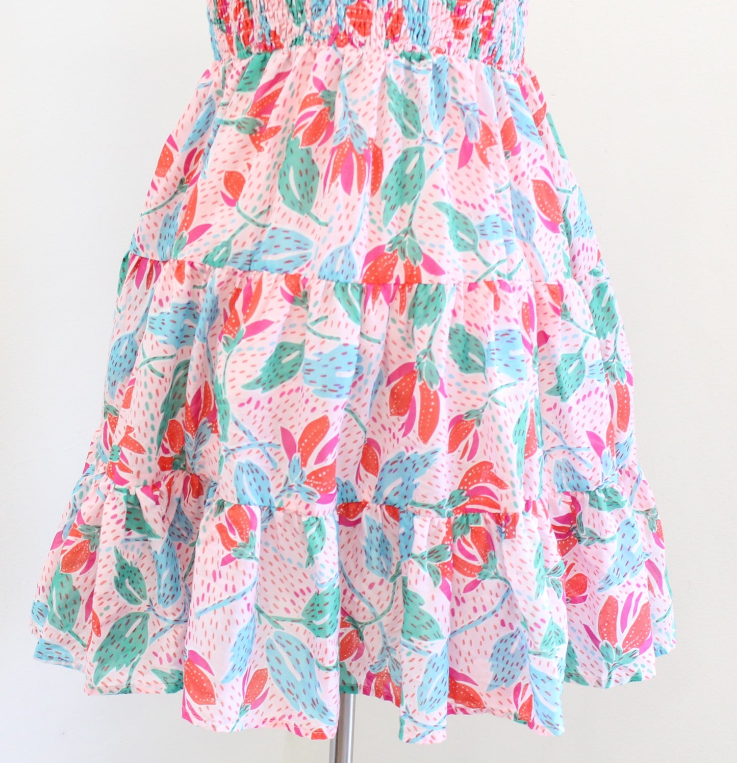 J Marie Pink Confetti Floral Smocked A Line Tiered Dress Size L Ruffle Fit Flare