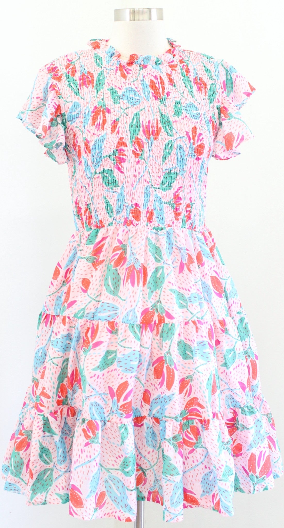 J Marie Pink Confetti Floral Smocked A Line Tiered Dress Size L Ruffle Fit Flare