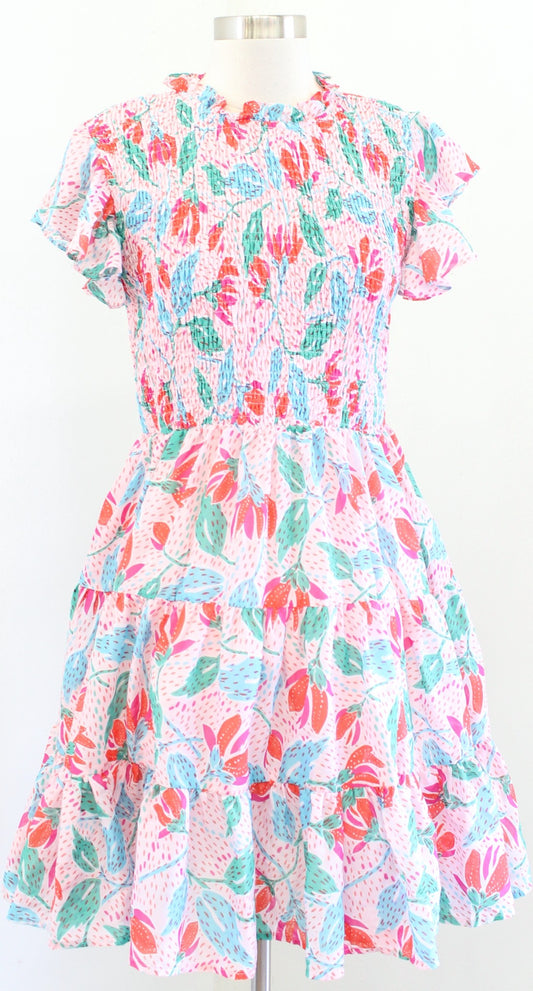 J Marie Pink Confetti Floral Smocked A Line Tiered Dress Size L Ruffle Fit Flare
